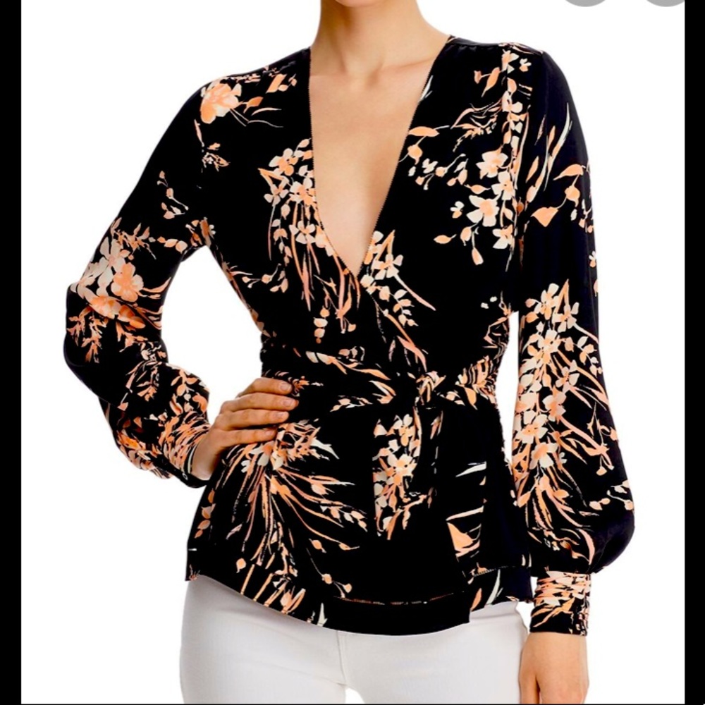 JOIE Womens Black Belted Floral Long Sleeve blouse